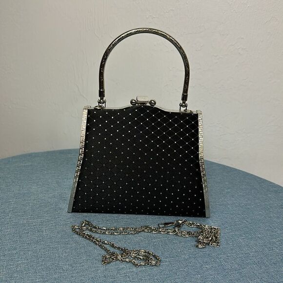 Black Evening Satin Rhinestones Beaded Purse With Chain - Picture 2 of 12